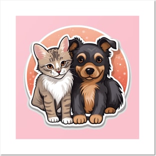 Charming Kitten and Puppy Duo with Warm Backdrop Posters and Art
